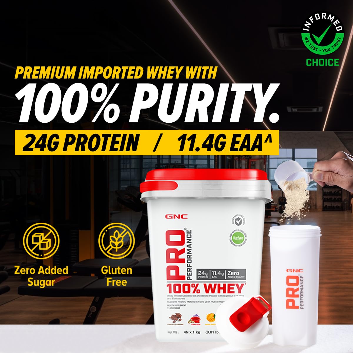 GNC Pro Performance 100% Whey Protein Powder | 4 KG (1 KG X 4 Flavour Pouches) + Bucket | 24g Protein
