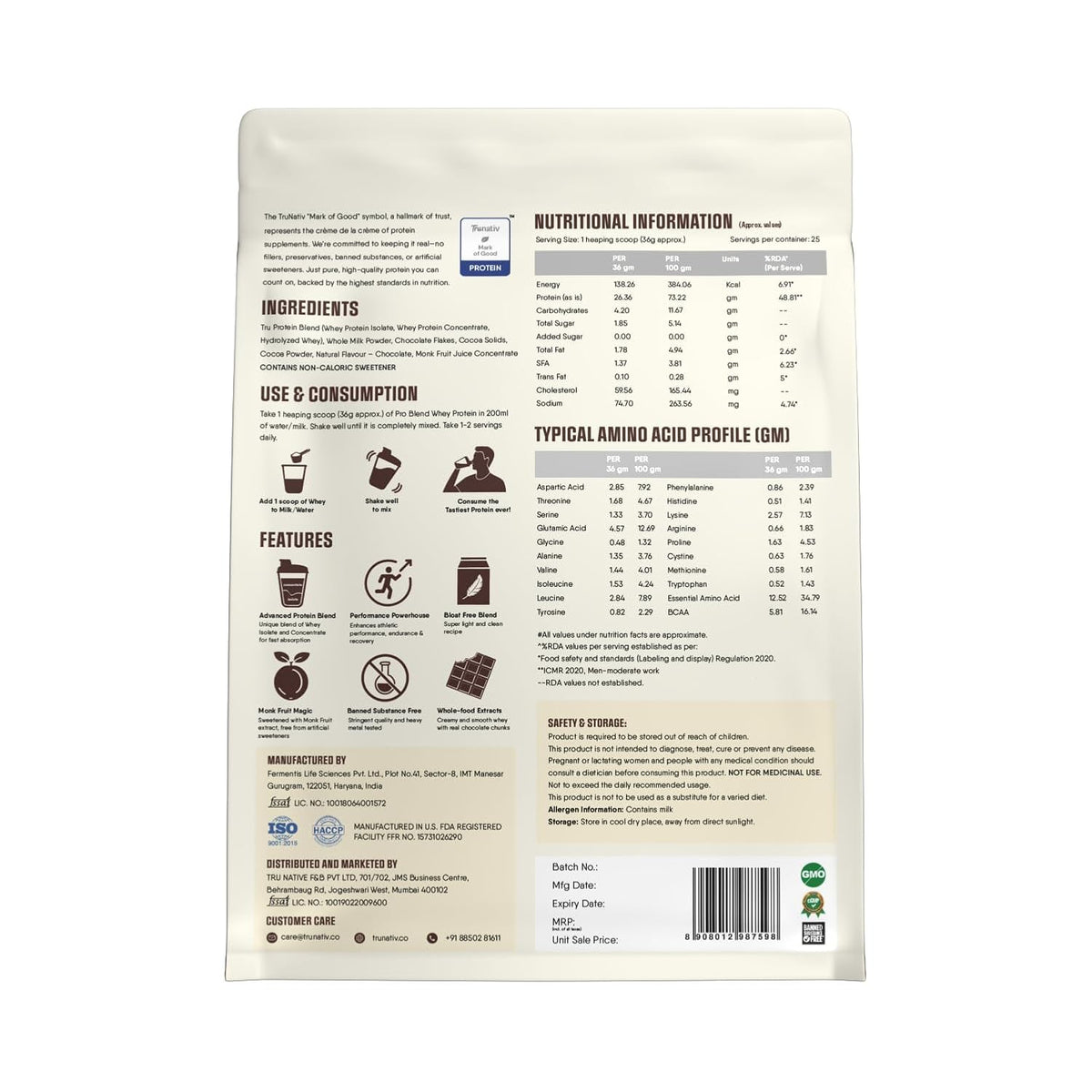TruNativ Pro Blend Whey Protein Isolate + Concentrate, Choco Crunch (907g / 25 Servings)