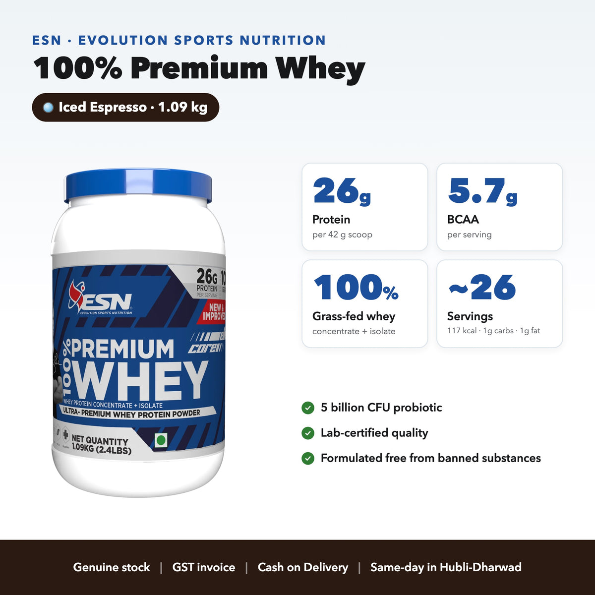 ESN Elite Core 100% Premium Whey Protein - 1.09 kg (Iced Espresso, 26 Servings)