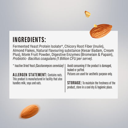Ingredients list for Superyou Pro Kesar Badam fermented yeast protein