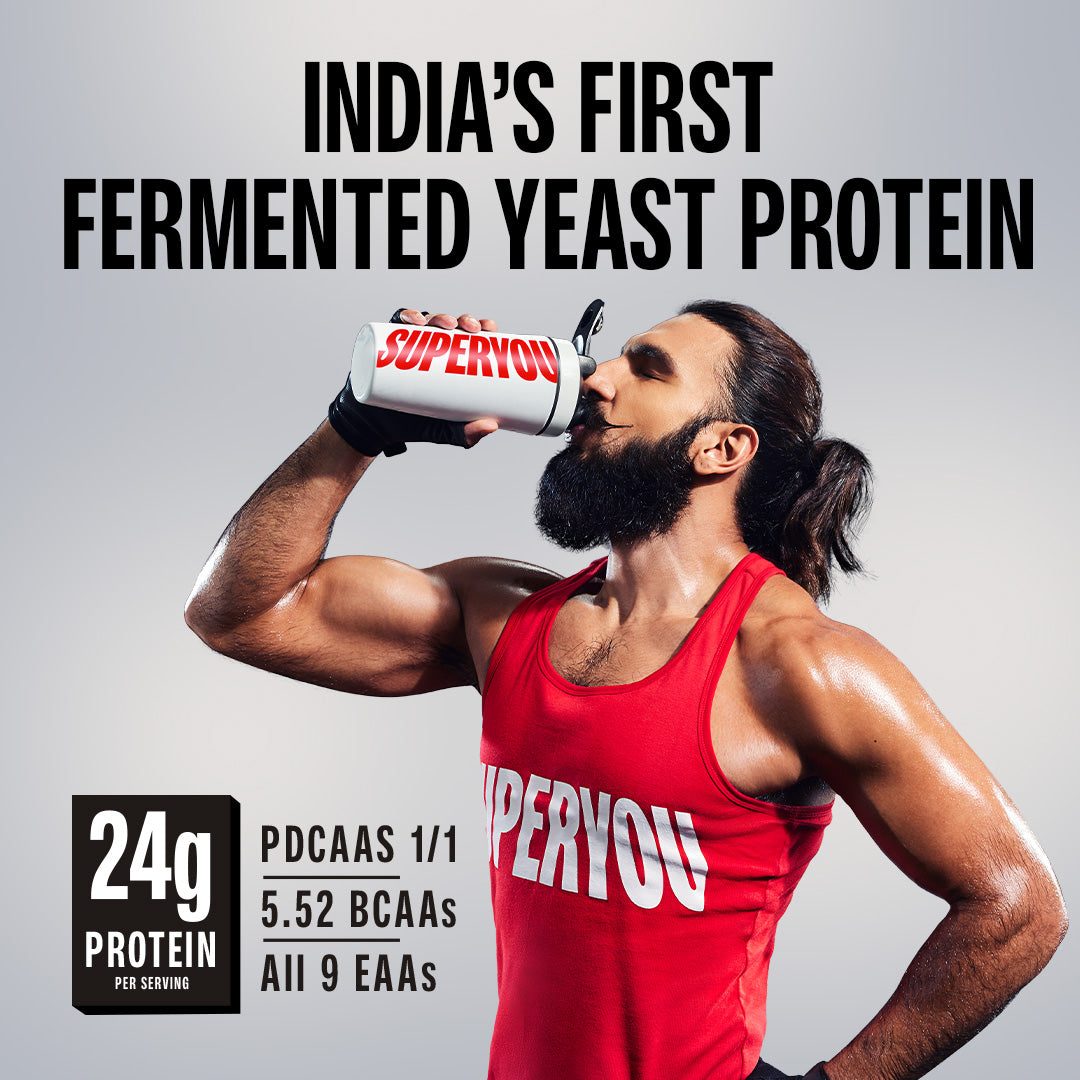 Superyou Pro Kesar Badam protein scoop and serving visual