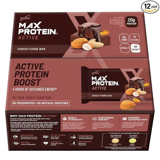 RiteBite Max Protein Active choco fudge protein bars with 20 g protein, pack of 24