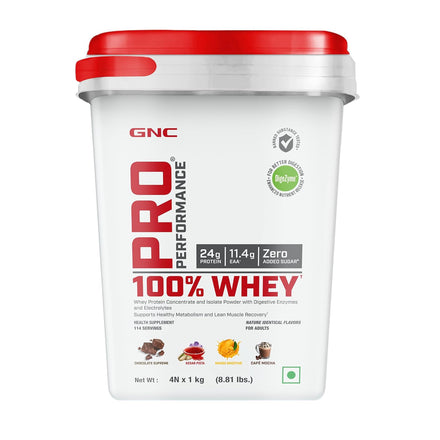 GNC Pro Performance 100% Whey Protein Powder | 8.8 Lbs : 4 KG (1 KG X 4 Flavour Pouches) + Bucket | 24g Protein