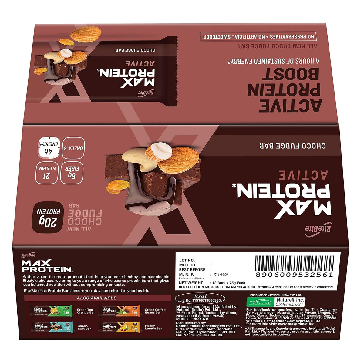 RiteBite Max Protein Active Choco Fudge Protein Bars with 20g Protein (Pack of 24)