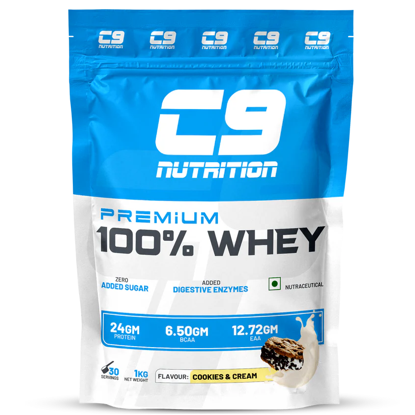 C9 Nutrition Premium 100% Whey Protein Powder, Cookies & Cream (1 kg / 30 Servings)