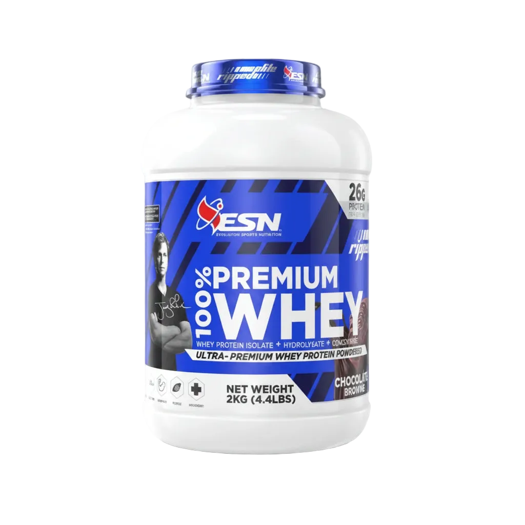 A 2kg white tub of ESN 100% Premium Whey Chocolate flavor protein powder, featuring a blue and white label with a blue cap, on a white background.