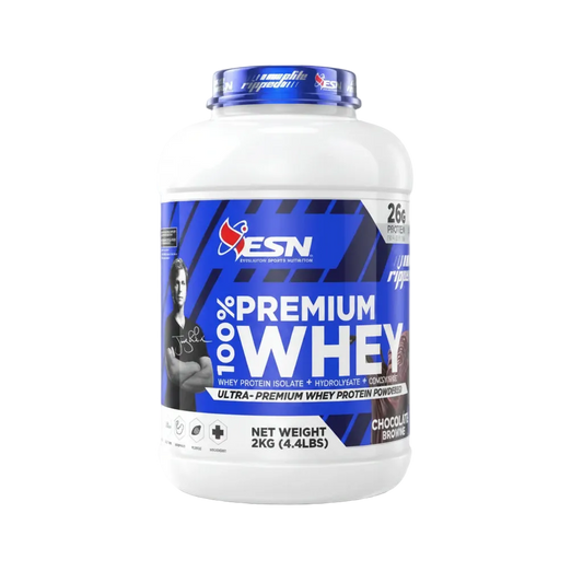 A 2kg white tub of ESN 100% Premium Whey Chocolate flavor protein powder, featuring a blue and white label with a blue cap, on a white background.