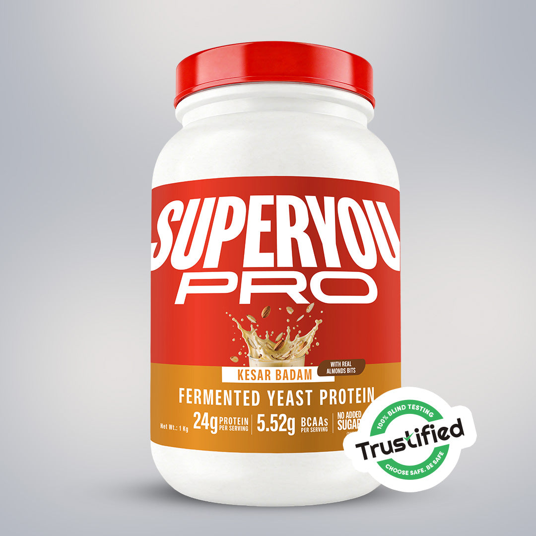 Superyou Pro Kesar Badam Fermented Yeast Protein 1 Kg jar front of pack