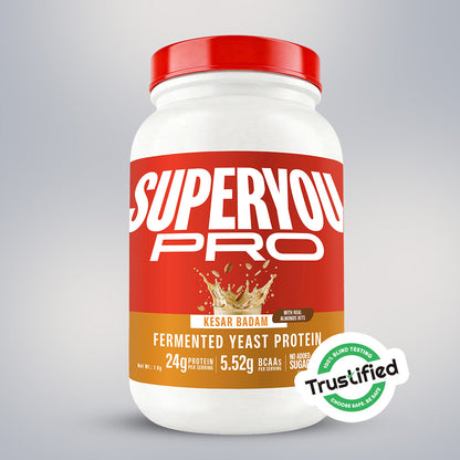 Superyou Pro Kesar Badam Fermented Yeast Protein 1 Kg jar front of pack