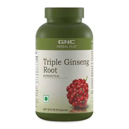GNC Herbal Plus Triple Ginseng capsules bottle, 60 capsules