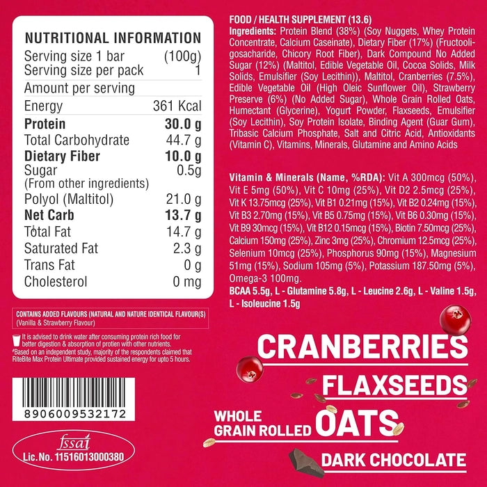 RiteBite Max Protein Ultimate Choco Berry Protein Bars with 30g Protein (Pack of 24)
