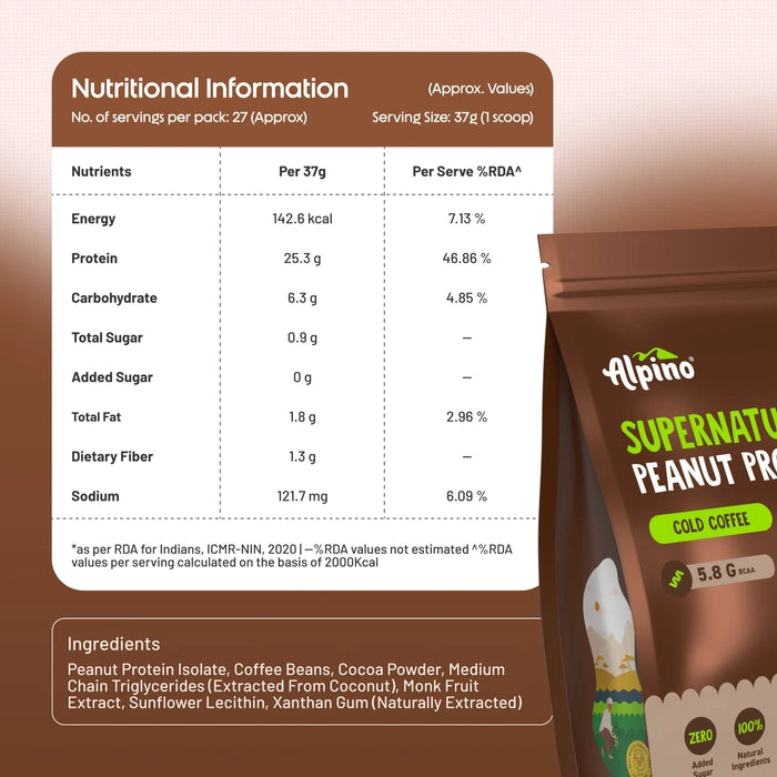 Alpino Peanut Protein Cold Coffee nutritional information panel