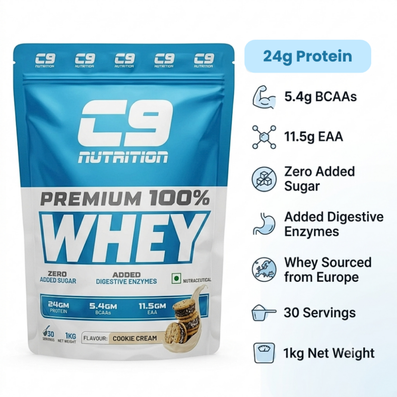 C9 Nutrition Premium 100% Whey Protein Powder, Cookies & Cream (1 kg / 30 Servings)