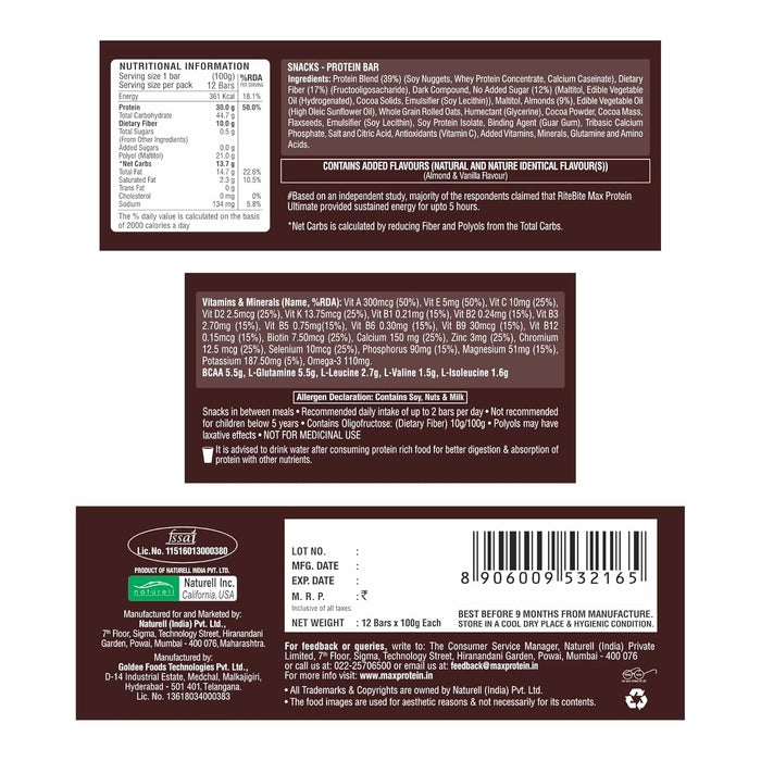 RiteBite Max Protein Ultimate Choco Almond Protein Bars with 30g Protein (Pack of 24)