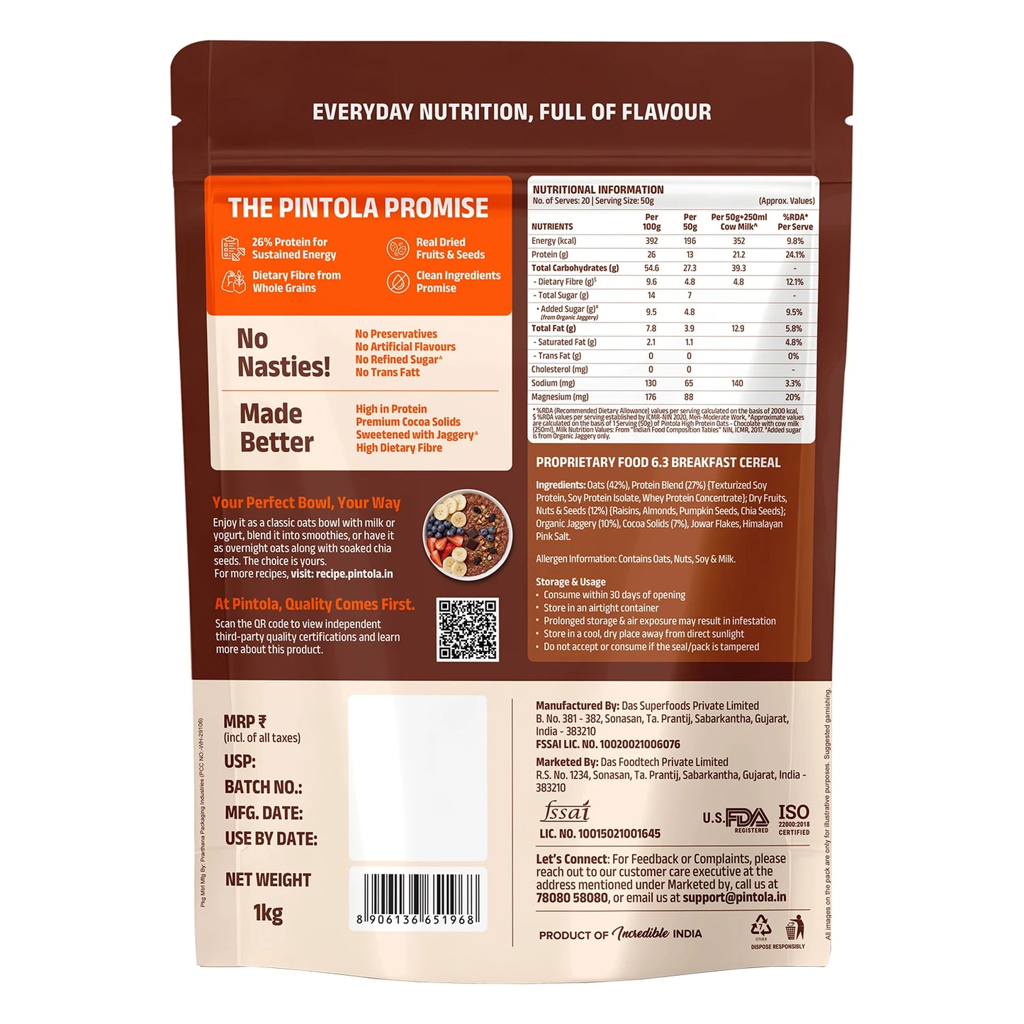 Pintola 26g High Protein Oats, Dark Chocolate 1kg