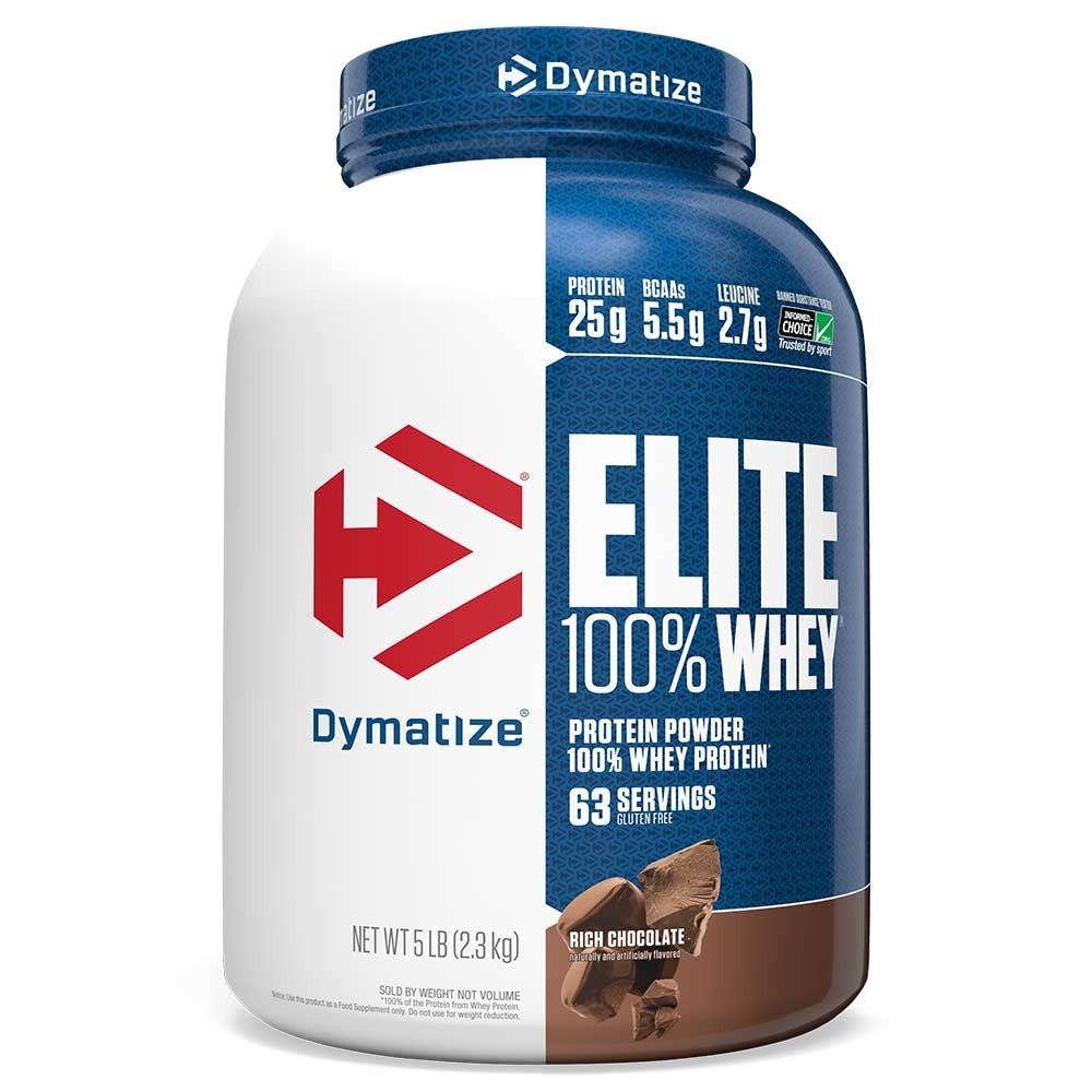 Dymatize Elite Whey protein tub, rich chocolate, 2.27 kg