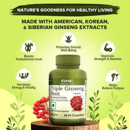 GNC Herbal Plus Triple Ginseng with Korean, American & Siberian Ginseng (60 Capsules)