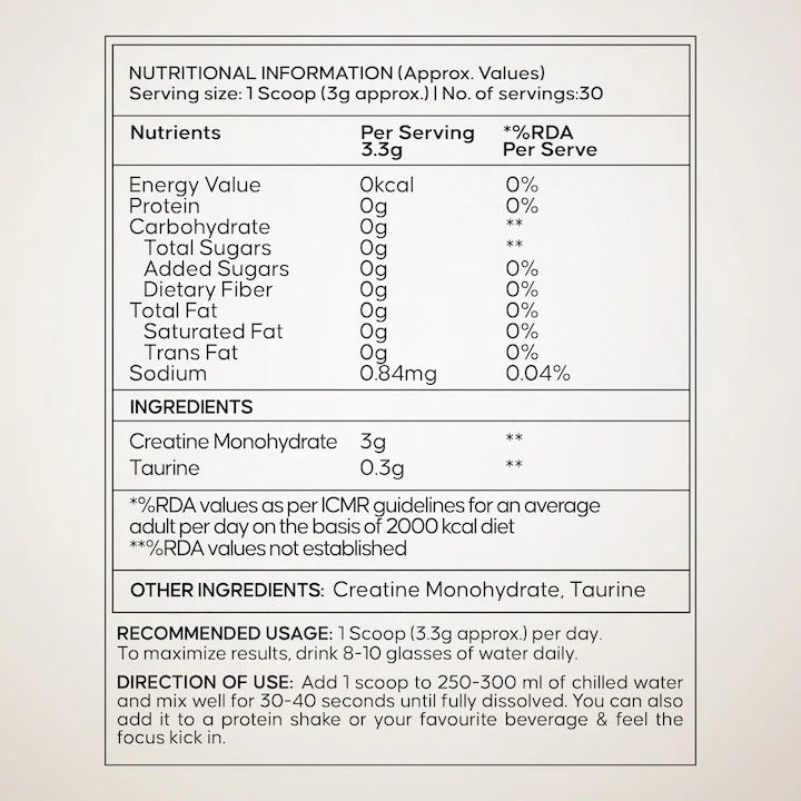 Creatine Monohydrate | 100g | 300mg Taurine | Unflavoured