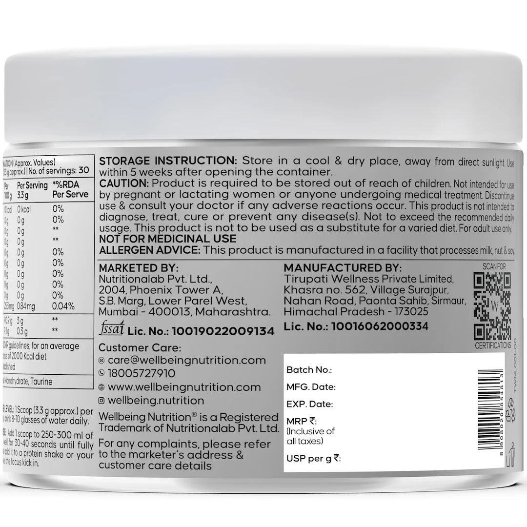 Creatine Monohydrate | 100g | 300mg Taurine | Unflavoured